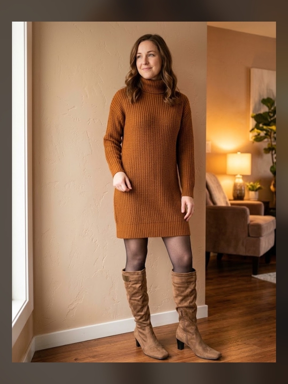 Franco Sarto Y2K Tan Suede Knee High Boots Square Toe Block Heel Gold Hardware